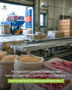 An ingredient crosses three borders before it reaches a certified production line. How far back does the assurance actually reach?
