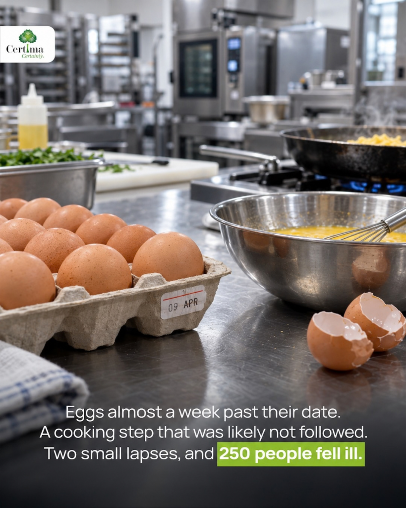 Eggs almost a week past their date. A cooking step that was likely not followed. Two small lapses, and 250 people fell ill.
